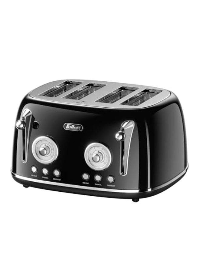 Feller Germany, Retro Style 4-Slice Toaster, 1630 W, Steel Body, 2 Dust Covers & 2 Bun Warmers, Defrost, Reheat, & Cancel Function, 4 Extra wide Bread Slots, Removable Crumb Tray, TO490 (Glossy Black) - Image 1