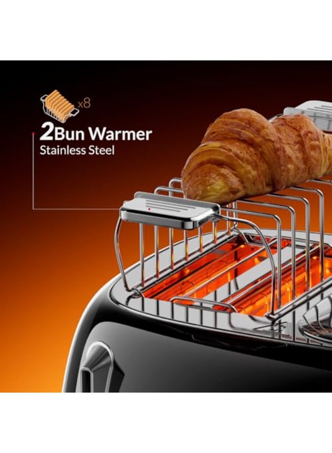 Feller Germany, Retro Style 4-Slice Toaster, 1630 W, Steel Body, 2 Dust Covers & 2 Bun Warmers, Defrost, Reheat, & Cancel Function, 4 Extra wide Bread Slots, Removable Crumb Tray, TO490 (Glossy Black) - Image 3
