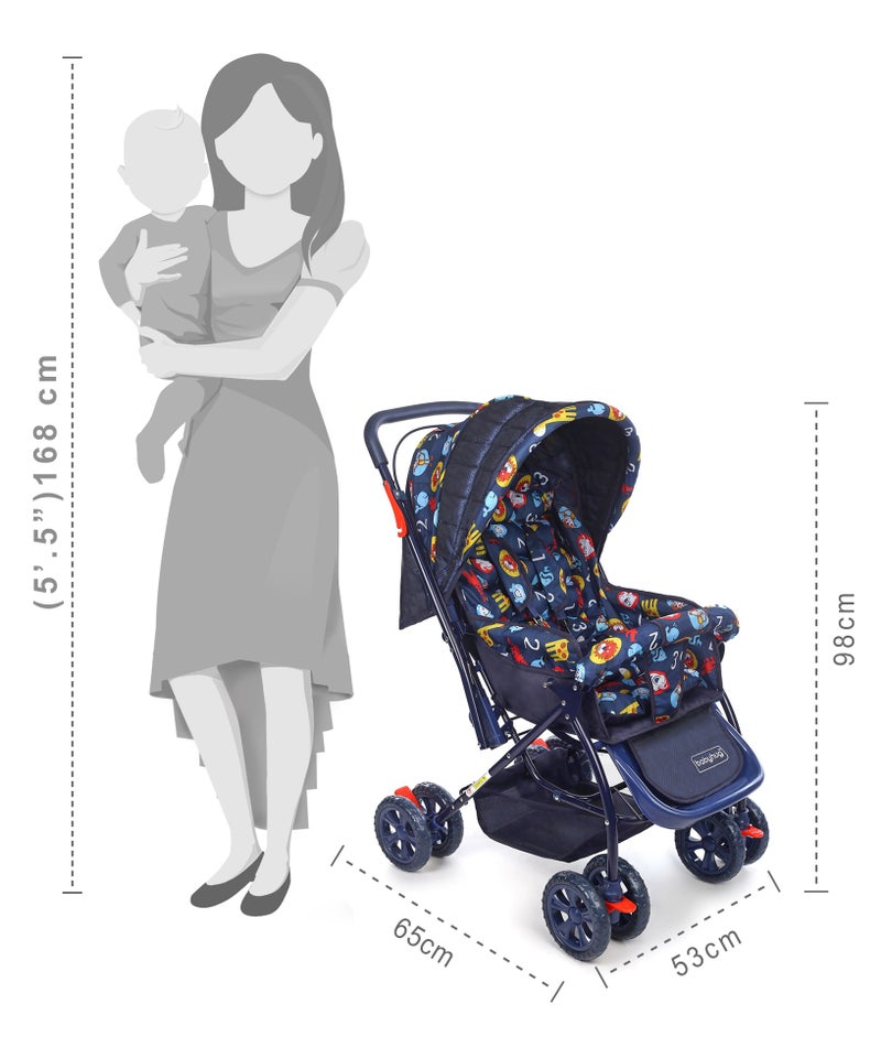 Babyhug Cosy Cosmo Stroller with Reversible Handle, Back Pocket, Adjustable Canopy, 0 to 3 Years, 65 x 53 x 98 cm - Navy Blue - Image 3