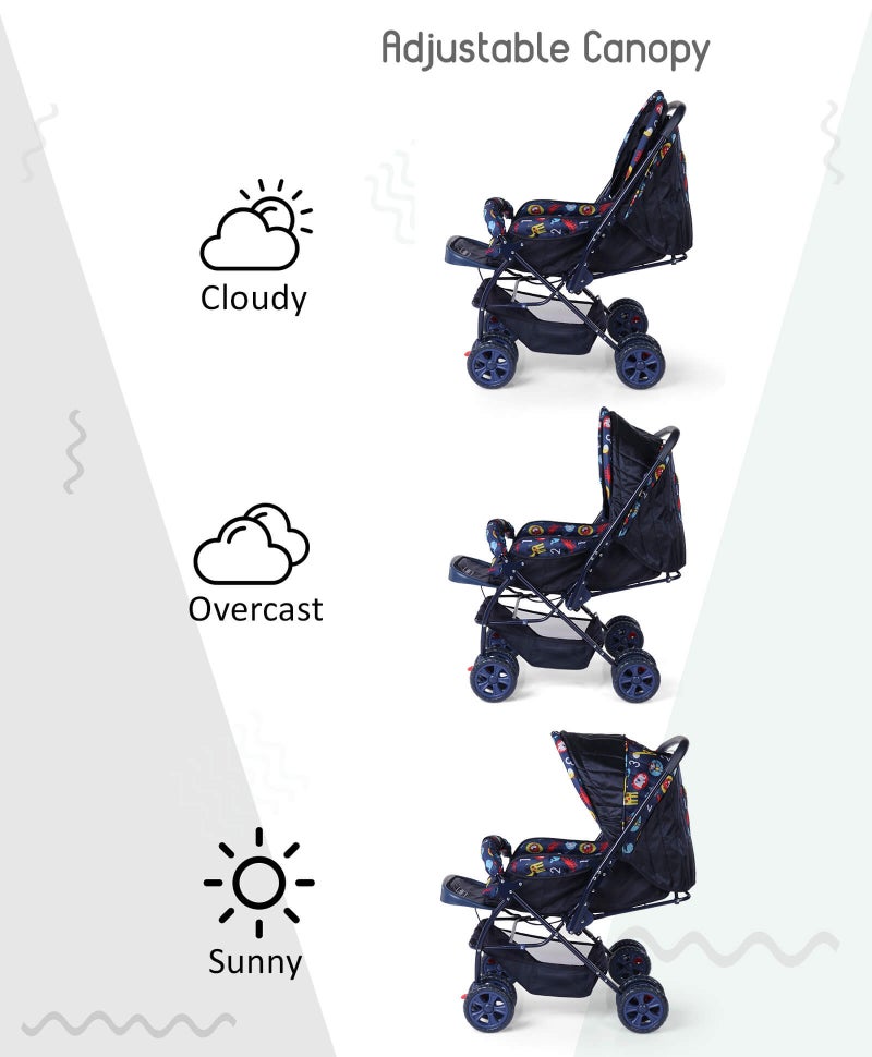 Babyhug Cosy Cosmo Stroller with Reversible Handle, Back Pocket, Adjustable Canopy, 0 to 3 Years, 65 x 53 x 98 cm - Navy Blue - Image 2