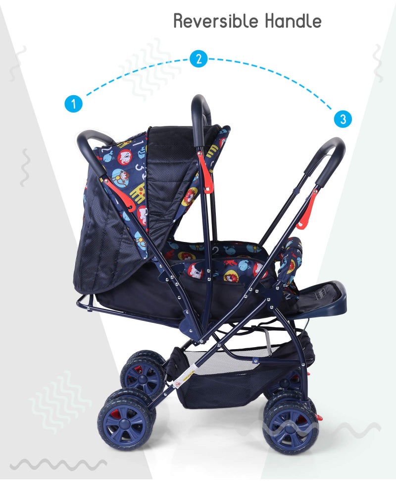 Babyhug Cosy Cosmo Stroller with Reversible Handle, Back Pocket, Adjustable Canopy, 0 to 3 Years, 65 x 53 x 98 cm - Navy Blue - Image 5