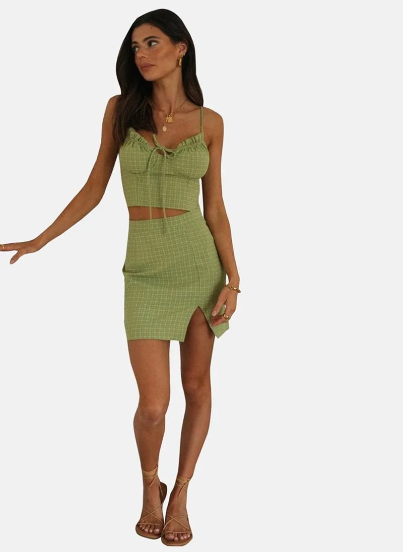 يونيكي Avocado Green Checkered Sweetheart Neck Top With Skirt