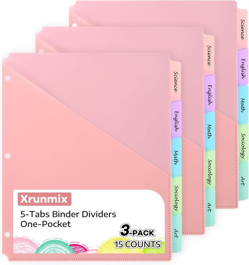 XRUNMIX 5 Tabs Dividers with Pockets for 3 Ring Binder, 15 Counts Binder Dividers for US Letter Size, Binder Dividers with Tabs for School Office and Home Organization, 5 Pastel Color (3) - Image 1
