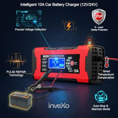 inveXo 10-A 12V 24V Smart Car Battery Charger, Bike, Truck | Automotive Trickle Charger, Battery Maintainer, Desulfator, Temp Compensation | Suitable for Lead Acid, AGM, Gel, SLA (10-A 12V & 5-A 24V) - Image 4