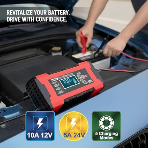 inveXo 10-A 12V 24V Smart Car Battery Charger, Bike, Truck | Automotive Trickle Charger, Battery Maintainer, Desulfator, Temp Compensation | Suitable for Lead Acid, AGM, Gel, SLA (10-A 12V & 5-A 24V) - Image 3