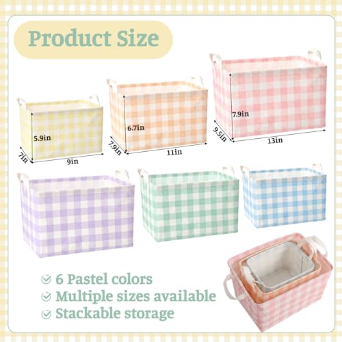 Teecyhooo 6 Pack Plaid Canvas Baskets Rectangular Storage Bins Collapsible Decorative Organizer Bins with Handles for Gift Basket Home Bedroom Classroom ShelvesPastel - Image 3