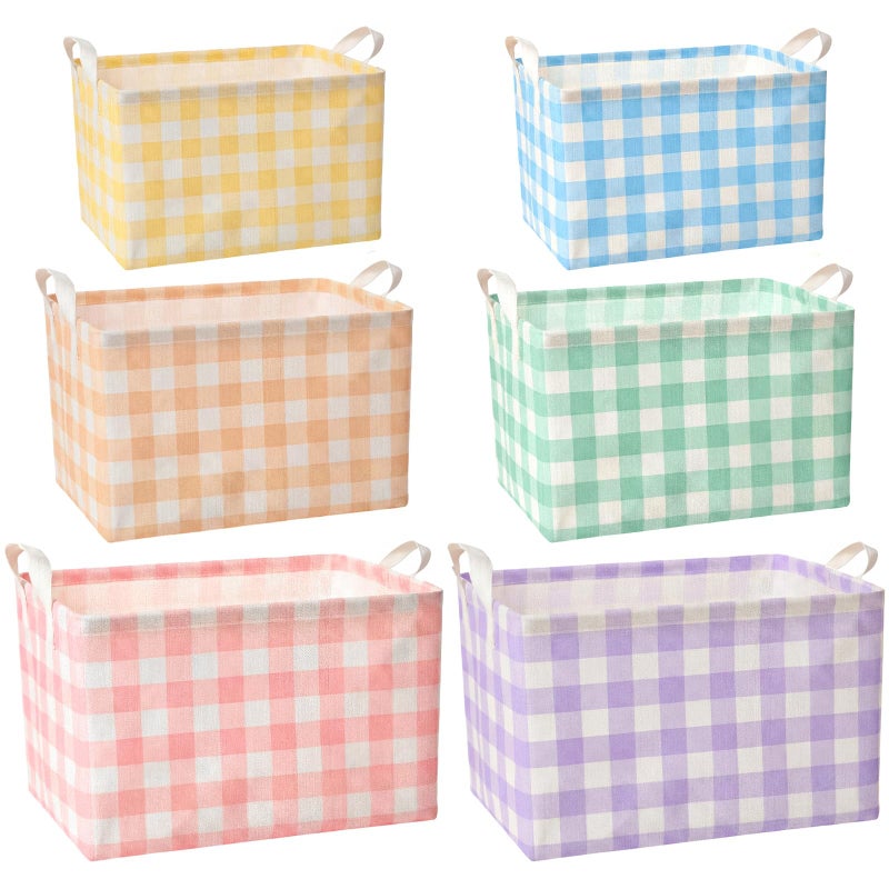 Teecyhooo 6 Pack Plaid Canvas Baskets Rectangular Storage Bins Collapsible Decorative Organizer Bins with Handles for Gift Basket Home Bedroom Classroom ShelvesPastel - Image 2