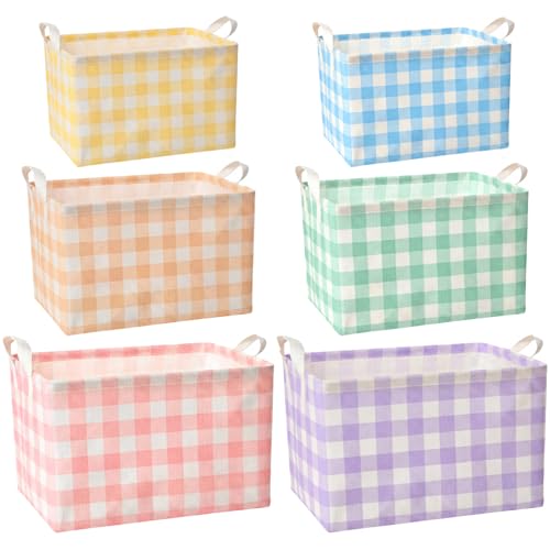 Teecyhooo 6 Pack Plaid Canvas Baskets Rectangular Storage Bins Collapsible Decorative Organizer Bins with Handles for Gift Basket Home Bedroom Classroom ShelvesPastel - Image 1
