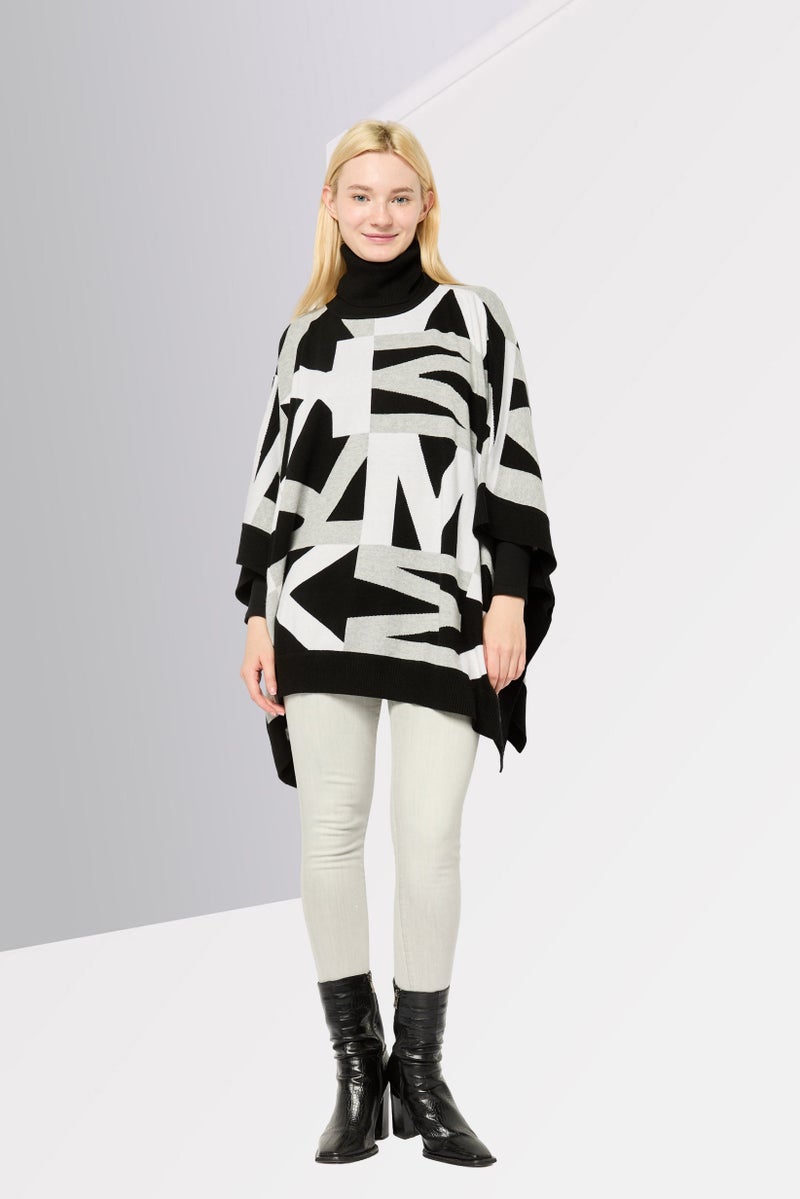 Michael Kors Women Turtle Neck Geometric Print Poncho, Multicolor  - Image 3