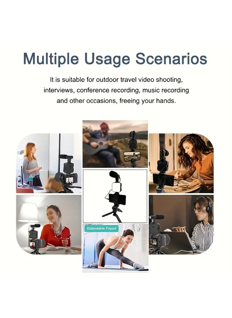 Vlogging Kit with Light and Microphone Grip Tripod |Studio LED Light, Professional Mini Portable Tripod Grip for live broadcasting,Vlogging, TikTok, YouTube Videos | for Smart Phones,Cameras