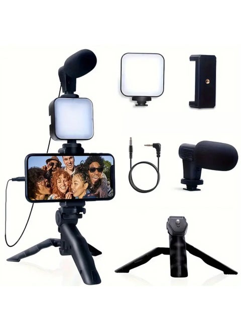 Vlogging Kit with Light and Microphone Grip Tripod |Studio LED Light, Professional Mini Portable Tripod Grip for live broadcasting,Vlogging, TikTok, YouTube Videos | for Smart Phones,Cameras