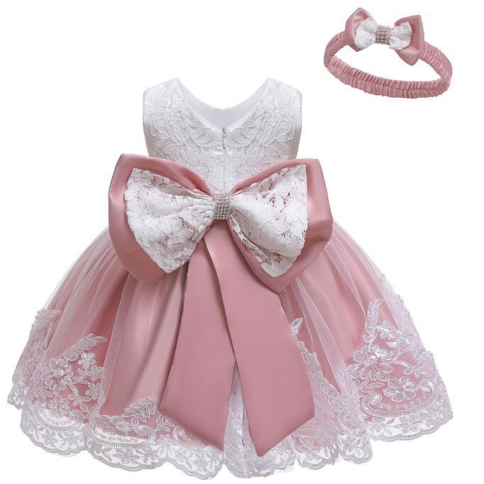 New European and American girls dinner performance bow lace dress large childrens evening dress wholesale Bean paste powder