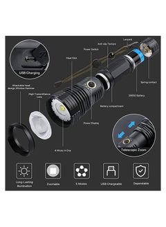 PROTON Rechargeable Led Flashlights High Lumens, 90000 Lumens Super Bright Tactical Flashlight with 5 Light Modes and 26650 Battery Zoomable Waterproof for Hiking Camping Cycling black  - Image 2