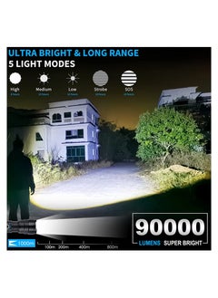 PROTON Rechargeable Led Flashlights High Lumens, 90000 Lumens Super Bright Tactical Flashlight with 5 Light Modes and 26650 Battery Zoomable Waterproof for Hiking Camping Cycling black  - Image 4