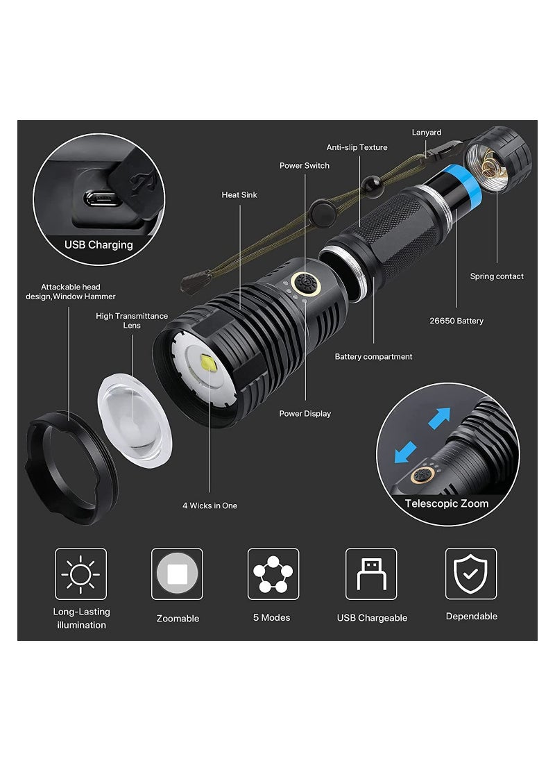 PROTON Rechargeable Led Flashlights High Lumens, 90000 Lumens Super Bright Tactical Flashlight with 5 Light Modes and 26650 Battery Zoomable Waterproof for Hiking Camping Cycling black  - Image 2