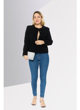 EMPORIO ARMANI Women Regular Fit Textured Semi Formal Velvet Blazer, Black  - Image 4