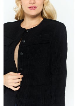 EMPORIO ARMANI Women Regular Fit Textured Semi Formal Velvet Blazer, Black  - Image 2