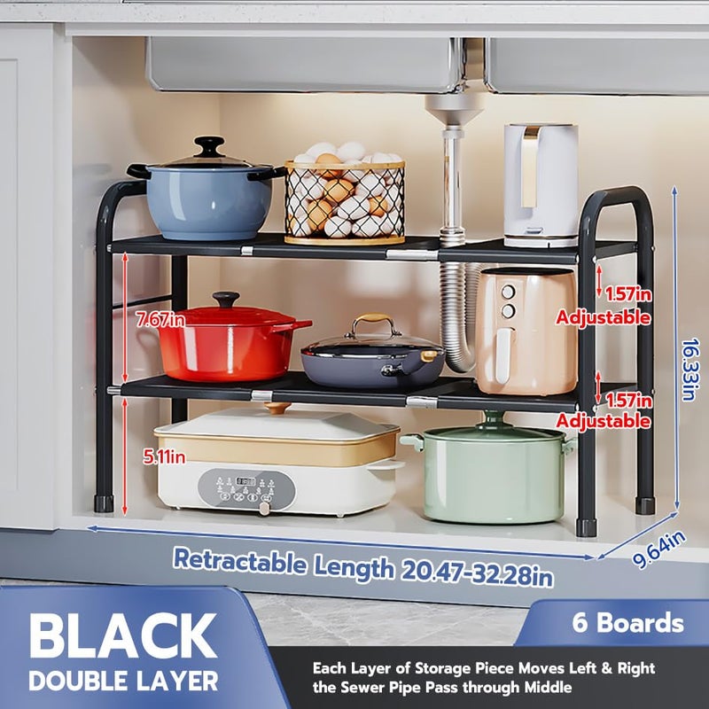 uliance uliance Pool Space Under Sink Storage Organizer Kitchen Retractable Drain Trough Shelf Cabinet Layered Shelf Storage Shelf Layered Shelf Black 6 Boards - Image 2