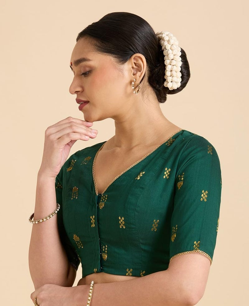 Studio Shringaar Women's Handloom Cotton Silk Readymade Saree Blouse (Green, 46) - Image 3