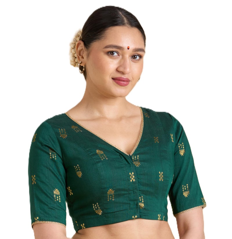 Studio Shringaar Women's Handloom Cotton Silk Readymade Saree Blouse (Green, 46) - Image 1