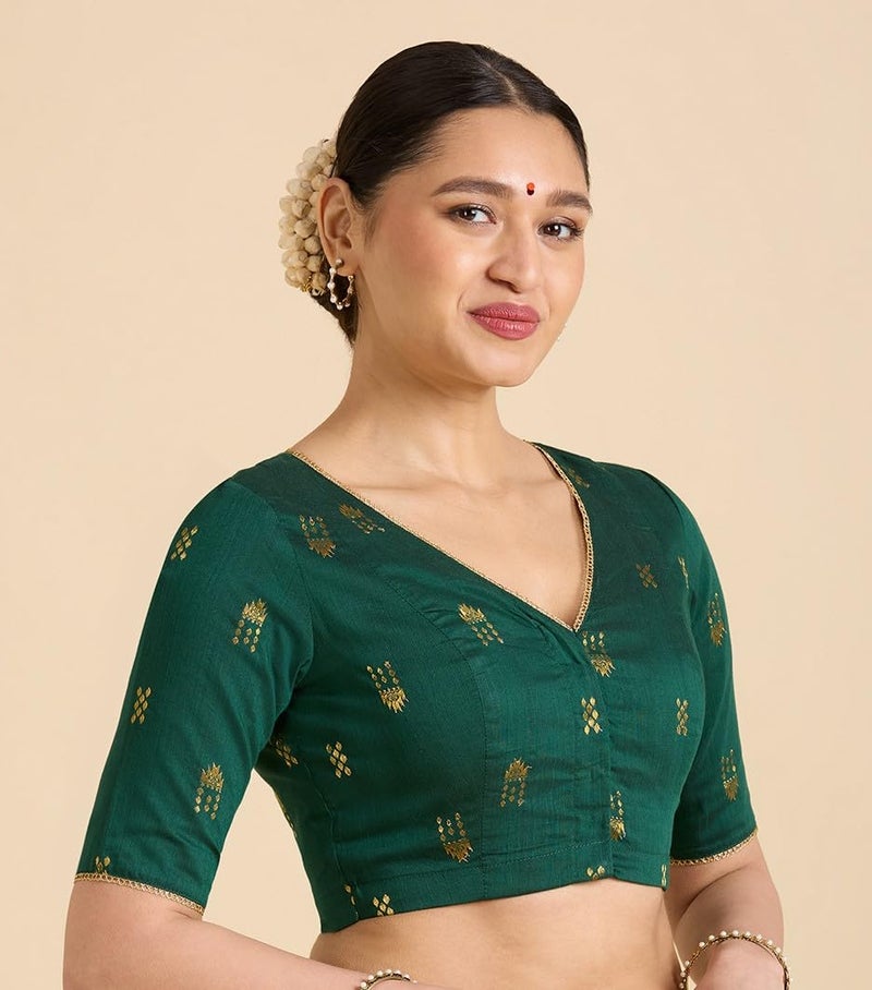 Studio Shringaar Women's Handloom Cotton Silk Readymade Saree Blouse (Green, 46) - Image 4