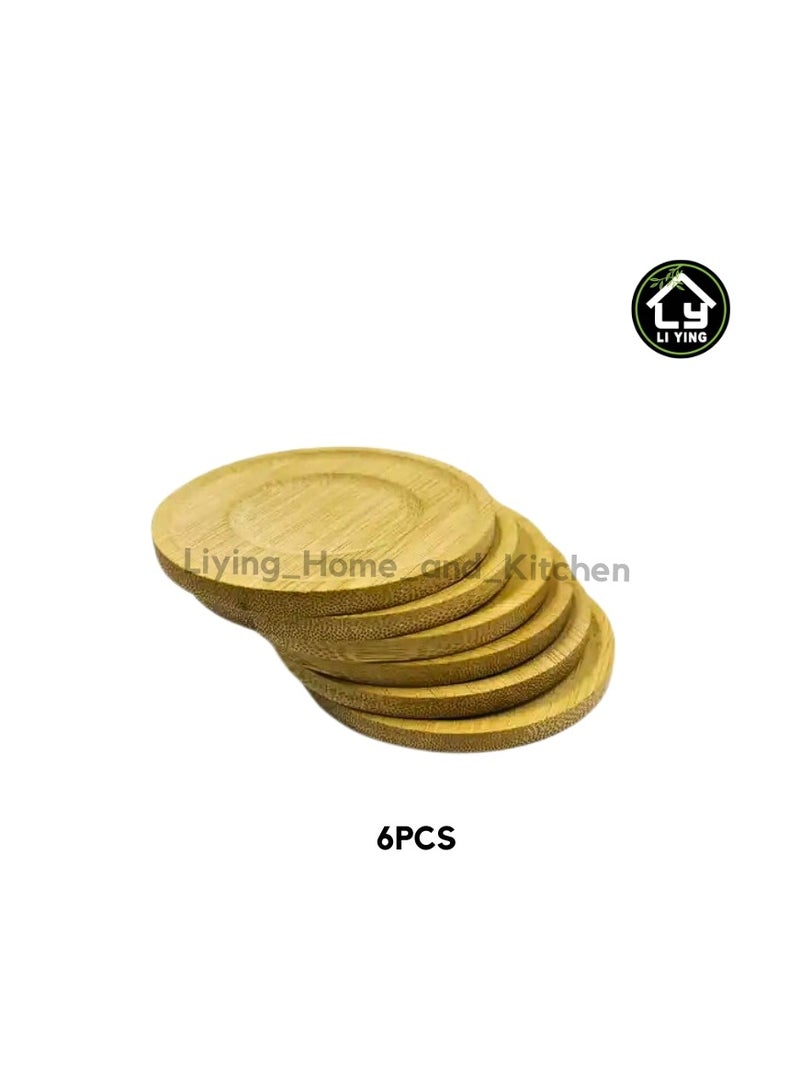 Liying 6Pcs Bamboo Wood Coasters 10cm for Coffee Table, Hot Drinks, Beverages, Planters Tabletop and Housewarming  - Image 1