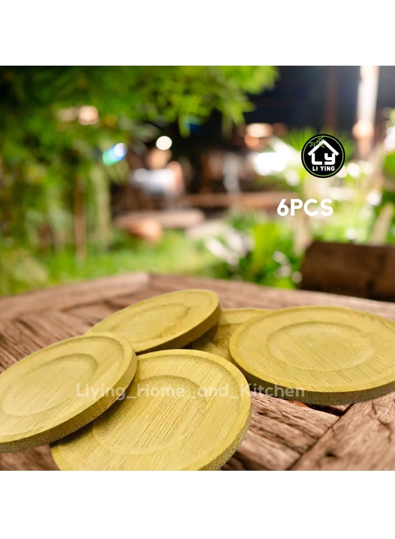Liying 6Pcs Bamboo Wood Coasters 10cm for Coffee Table, Hot Drinks, Beverages, Planters Tabletop and Housewarming  - Image 5