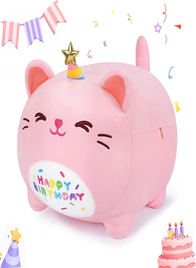 Auspicious beginning Pink Birthday Cat Plush Stuffed Animals-Gifts for Girlfriend, 16'' Pink Plush Pillow, Kawaii Plushies Kitten Body Pillow Cat Plushie, Kitten Plush Pillow Kids - Image 1