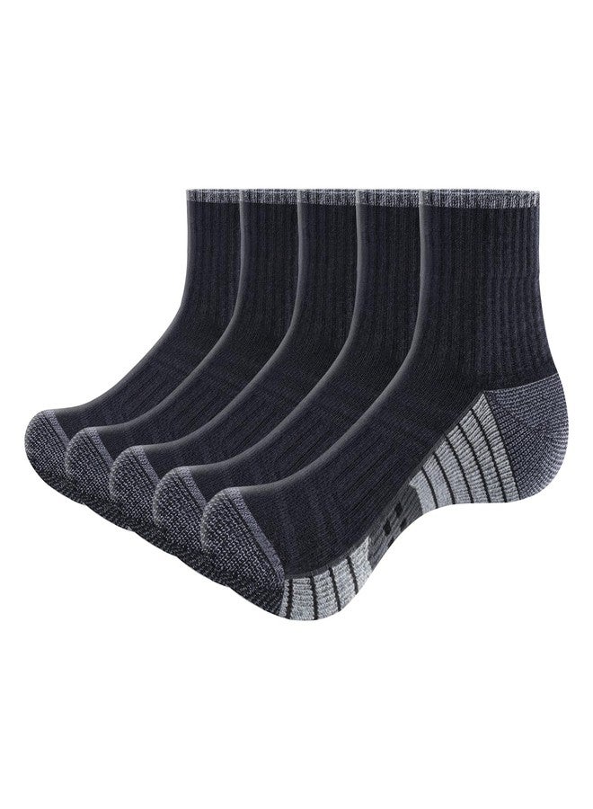 YUEDGE Men's Quarter Athletic Socks, Combed Cotton Cushioned Running Socks, Anti-Blister Moisture Wicking Ankle Socks for Gym Golf Daily Casual, Size 10-13, Black, 5 Packs - Image 1