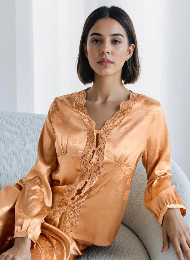 سبلاش فيڤ طقم بيجامة جاكار بحواف دانتيل