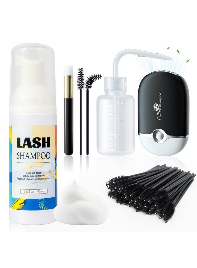 Lash Shampoo For Lash Extensions2.11Floz Eyelash Foam Cleanser And 50 Pcs Eyelash Brush And Rinse Bottle Mini Fan Eyelash Wash Remover For Eyelash Extension Makeup Removel(Black)