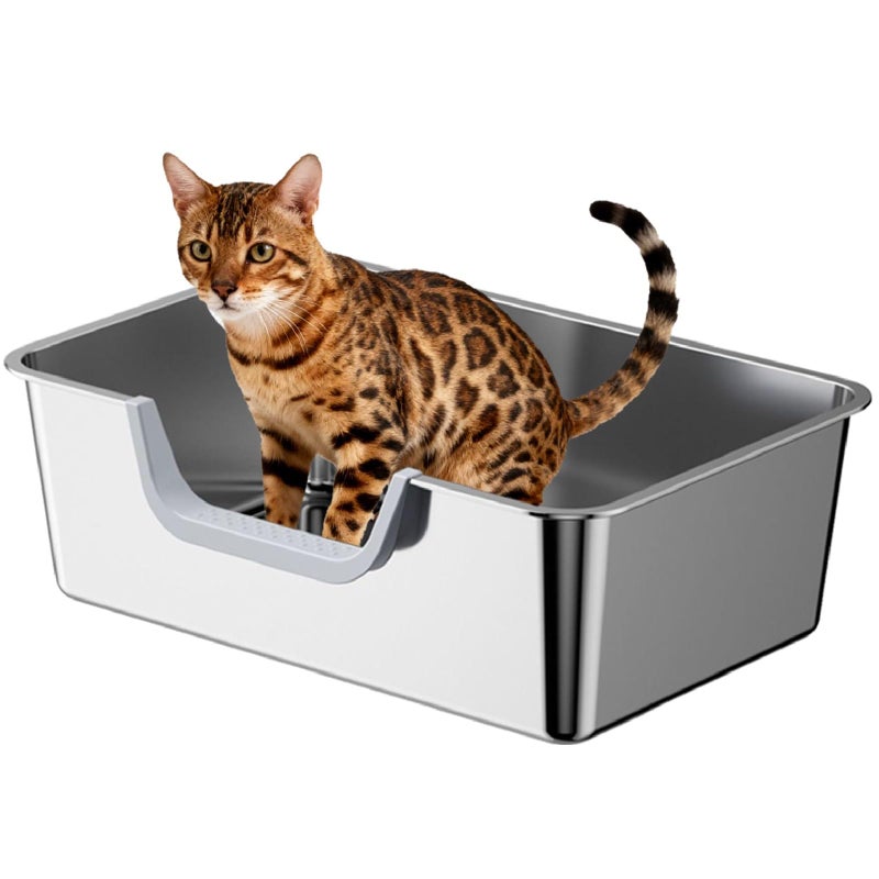 Tondid Stainless Steel Cat Litter Box, Steel Litter Pan with Curved Low Entry, Leak Proof 6 Inch High Side for Urine, Easy Entry for Kittens Older Cats, No Slip, 17.7" x 13.8" x 6", Silver - Image 1