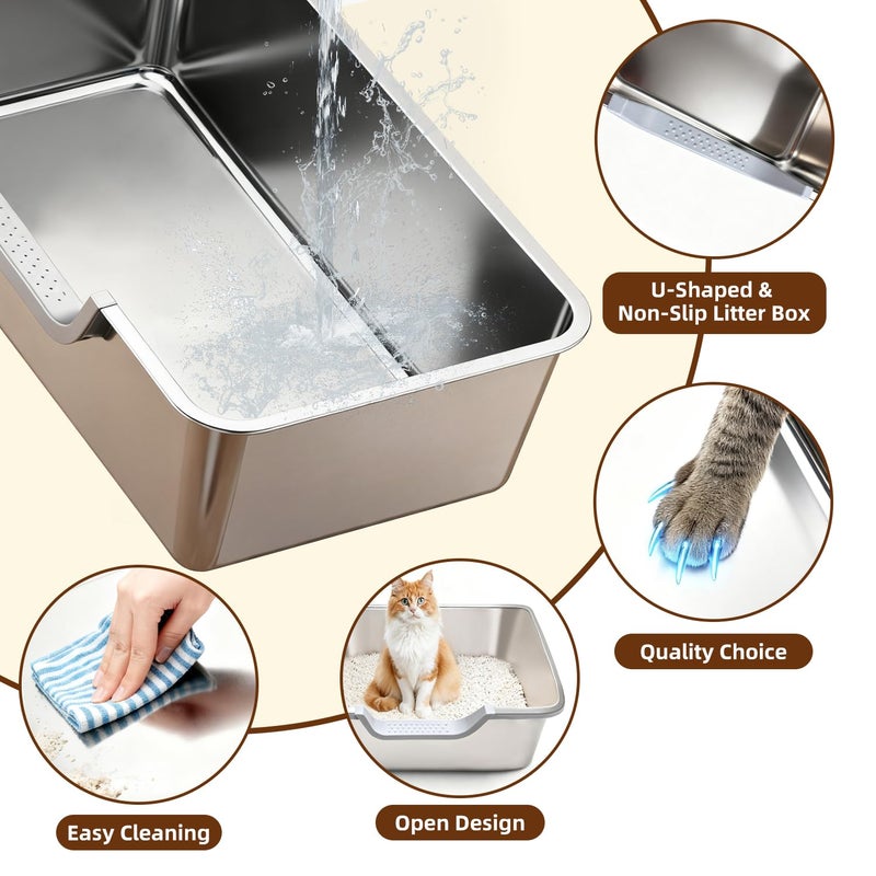 Tondid Stainless Steel Cat Litter Box, Steel Litter Pan with Curved Low Entry, Leak Proof 6 Inch High Side for Urine, Easy Entry for Kittens Older Cats, No Slip, 17.7" x 13.8" x 6", Silver - Image 4
