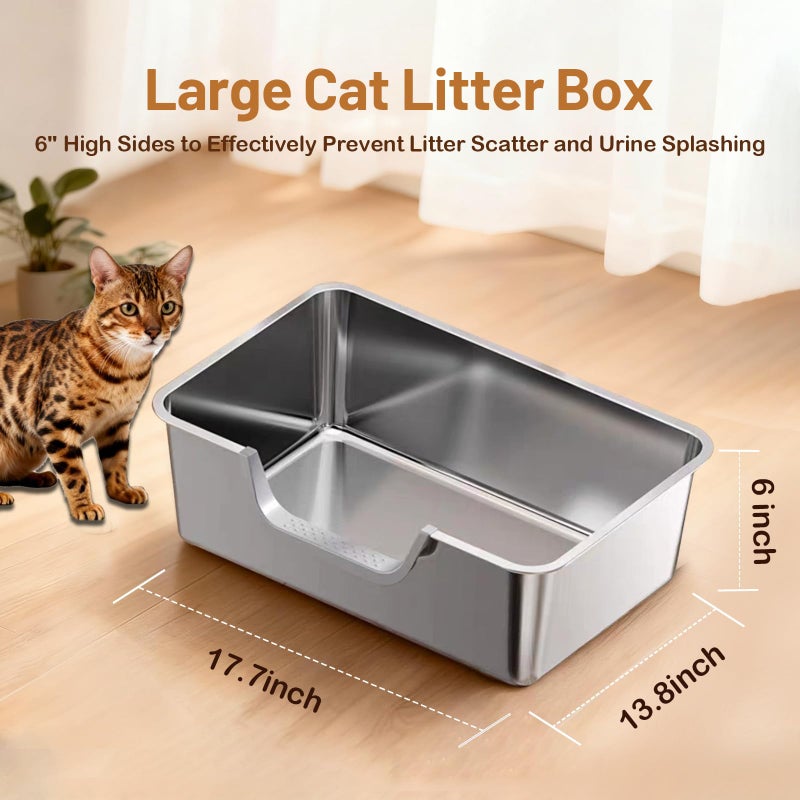 Tondid Stainless Steel Cat Litter Box, Steel Litter Pan with Curved Low Entry, Leak Proof 6 Inch High Side for Urine, Easy Entry for Kittens Older Cats, No Slip, 17.7" x 13.8" x 6", Silver - Image 2