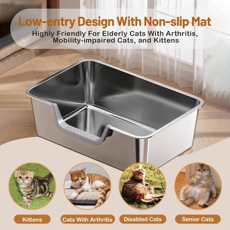 Tondid Stainless Steel Cat Litter Box, Steel Litter Pan with Curved Low Entry, Leak Proof 6 Inch High Side for Urine, Easy Entry for Kittens Older Cats, No Slip, 17.7" x 13.8" x 6", Silver - Image 5