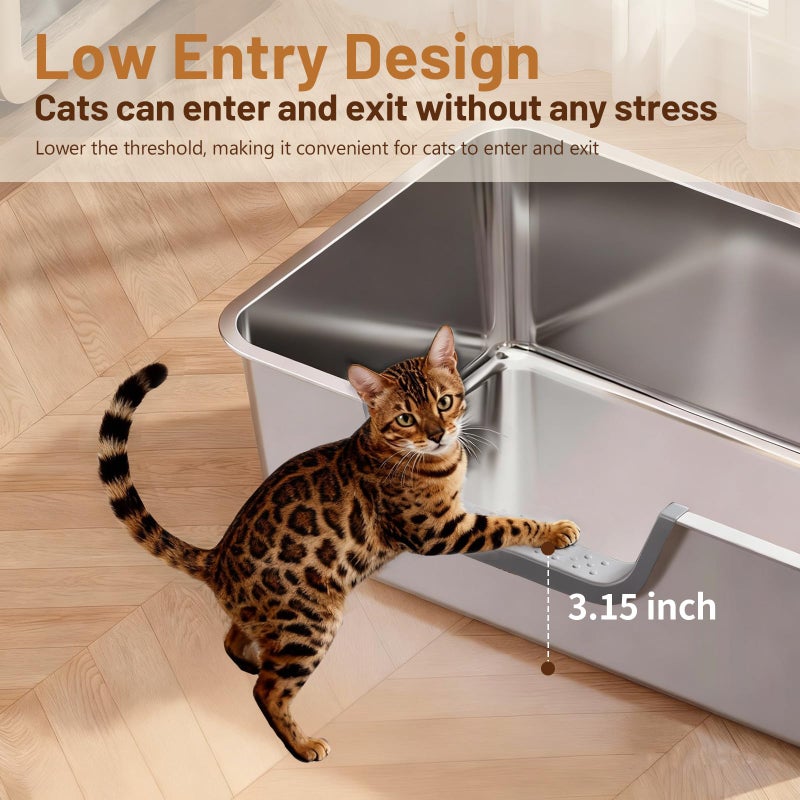 Tondid Stainless Steel Cat Litter Box, Steel Litter Pan with Curved Low Entry, Leak Proof 6 Inch High Side for Urine, Easy Entry for Kittens Older Cats, No Slip, 17.7" x 13.8" x 6", Silver - Image 3
