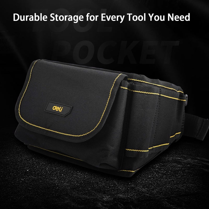 Deli DL5864 600x145x50mm Tool Belt Waist Canvas Tools Storage Bag with Pocket Compartment Pearl Cotton Hang Adjustable Densified Oxford Cloth Organizer Pouch for Electrician Technician (1Pc, Black) - Image 3