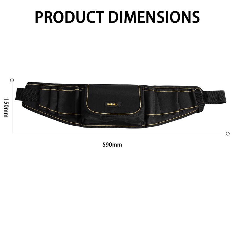 Deli DL5864 600x145x50mm Tool Belt Waist Canvas Tools Storage Bag with Pocket Compartment Pearl Cotton Hang Adjustable Densified Oxford Cloth Organizer Pouch for Electrician Technician (1Pc, Black) - Image 2