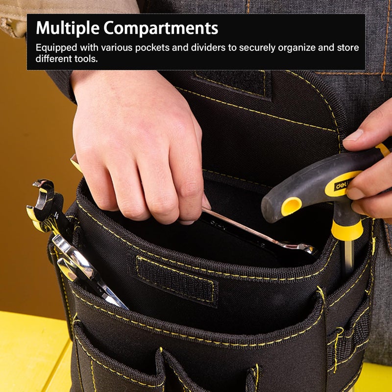 Deli DL5864 600x145x50mm Tool Belt Waist Canvas Tools Storage Bag with Pocket Compartment Pearl Cotton Hang Adjustable Densified Oxford Cloth Organizer Pouch for Electrician Technician (1Pc, Black) - Image 5