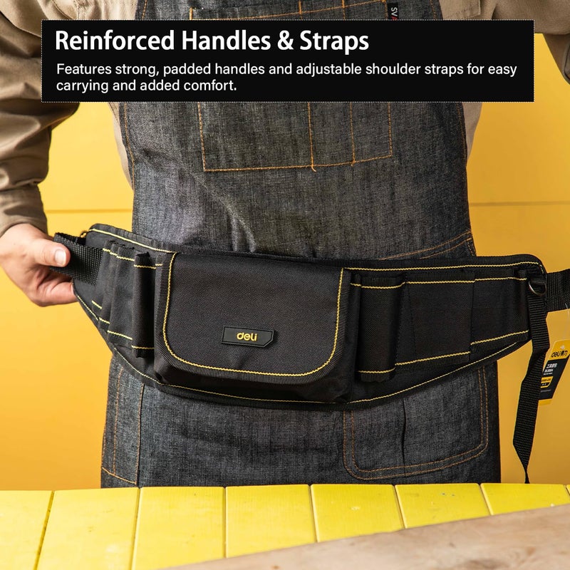 Deli DL5864 600x145x50mm Tool Belt Waist Canvas Tools Storage Bag with Pocket Compartment Pearl Cotton Hang Adjustable Densified Oxford Cloth Organizer Pouch for Electrician Technician (1Pc, Black) - Image 4