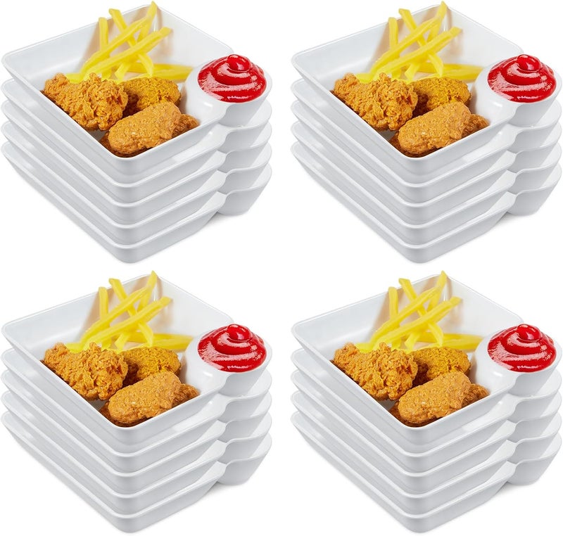 Maxcheck مجموعة أطباق تقديم الشيبس والصلصة 20 قطعة من ماكس تشيك مع طبق مقسم وحامل صلصة بلاستيكي صغير لأطباق الشيبس والصلصة القابلة لإعادة الاستخدام باللون الأبيض لحفلات السناك والمقبلات والسوشي - Image 1