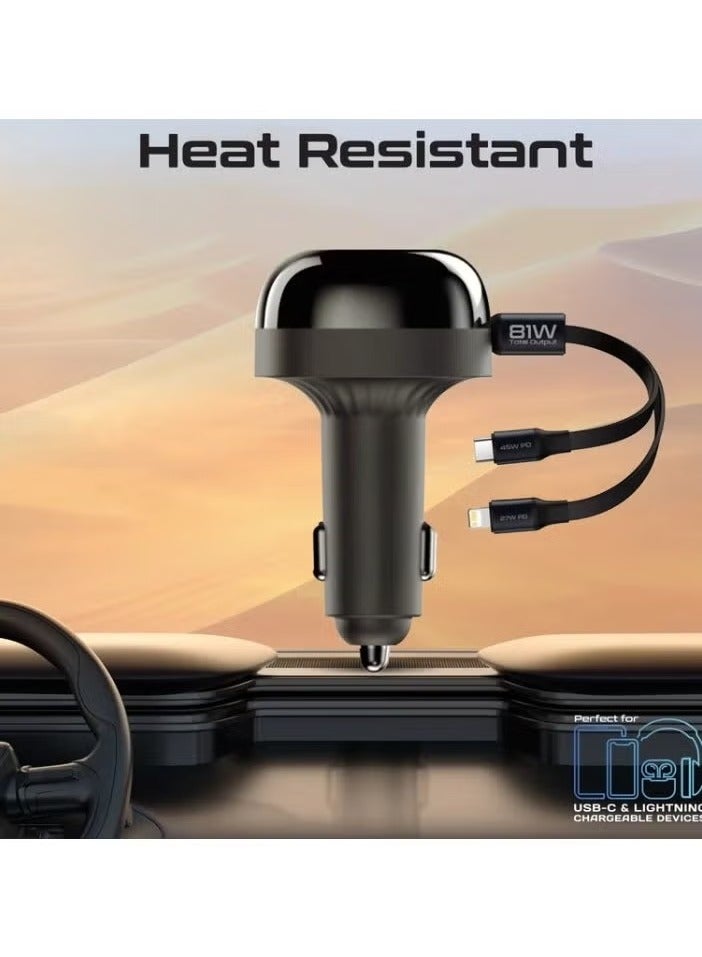 TIGER 81W Fast Multi-Port Car Charger with Retractable USB-C & Lightning Cables – Quick Charge Adapter for iPhone, Samsung, iPad & Android Devices, Compact 3-Port In-Car Charging Station with Smart IC Chip & LED Indicator for Efficient Charging On-the-Go - Image 4