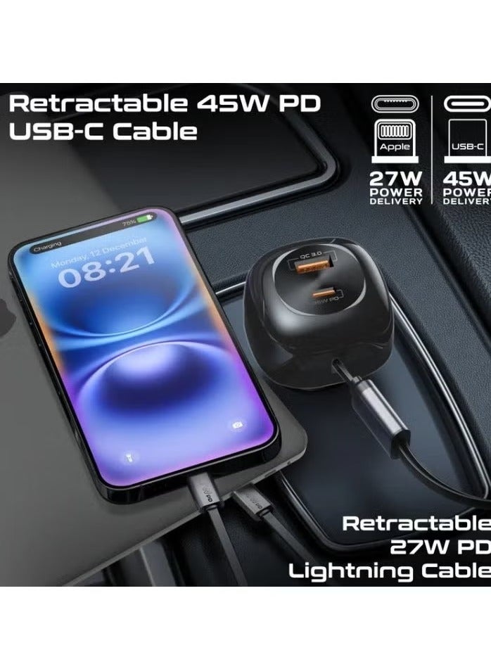 TIGER 81W Fast Multi-Port Car Charger with Retractable USB-C & Lightning Cables – Quick Charge Adapter for iPhone, Samsung, iPad & Android Devices, Compact 3-Port In-Car Charging Station with Smart IC Chip & LED Indicator for Efficient Charging On-the-Go - Image 3