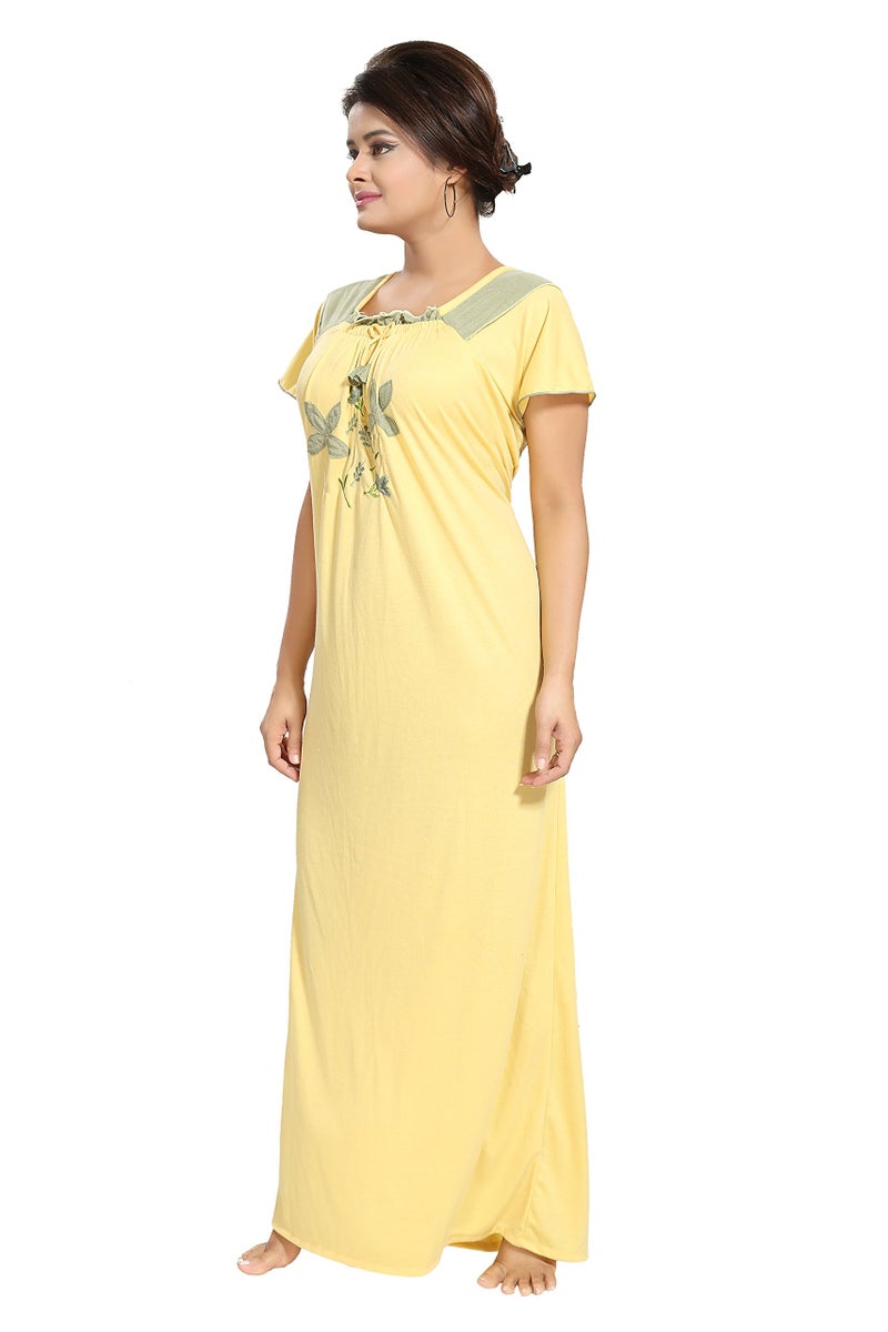 Noty Store Noty- Women's Hosiery Cotton Blend Nighty | Soft Fabric | Short Sleeves Nighty (Yellow-Grey) - Image 3