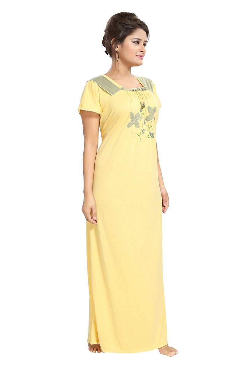 Noty Store Noty- Women's Hosiery Cotton Blend Nighty | Soft Fabric | Short Sleeves Nighty (Yellow-Grey) - Image 2