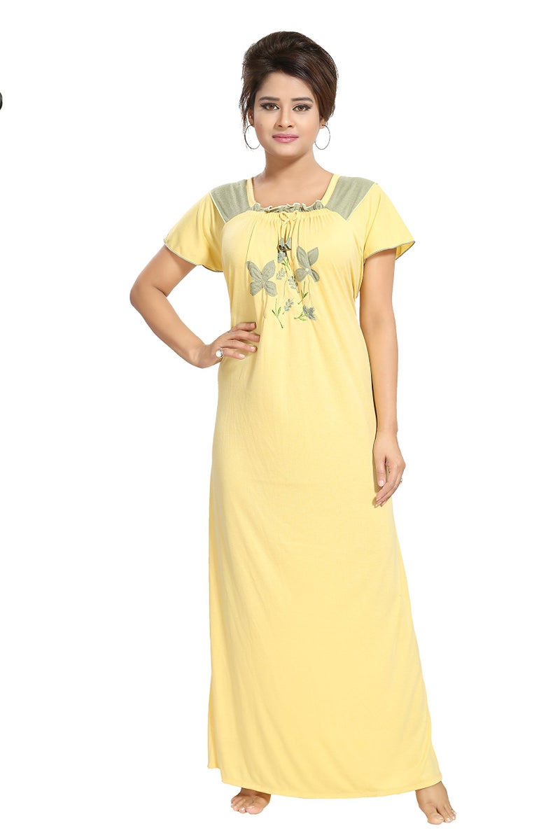 Noty Store Noty- Women's Hosiery Cotton Blend Nighty | Soft Fabric | Short Sleeves Nighty (Yellow-Grey) - Image 1