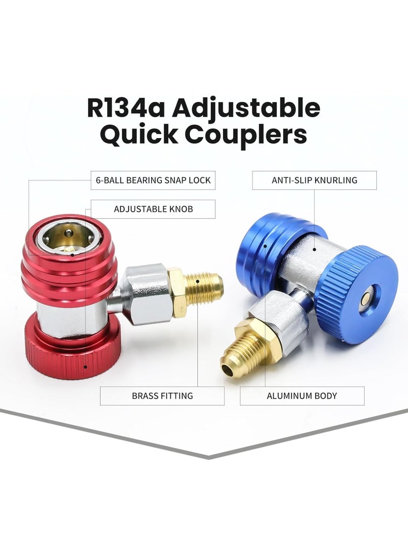 SOLARAE محول سريع R134a، 2 قطعة 1/4" منفذ ذكر محول R134a قابل للتعديل وتركيبات خرطوم التكييف، محولات يدوية للضغط العالي والمنخفض لنظام التكييف، تفريغ وإعادة شحن - Image 3