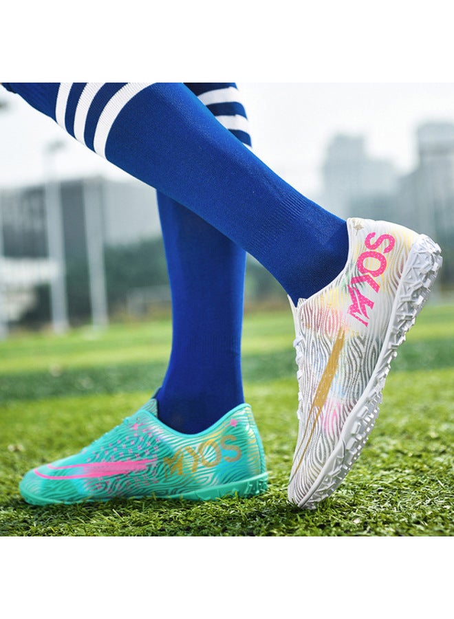 Low-top Football Shoes TF Artificial Grass Flat Nail FG Studs for Boys, Girls, Children, Teenagers & Students - Mxk-m335 White + Moonlight
