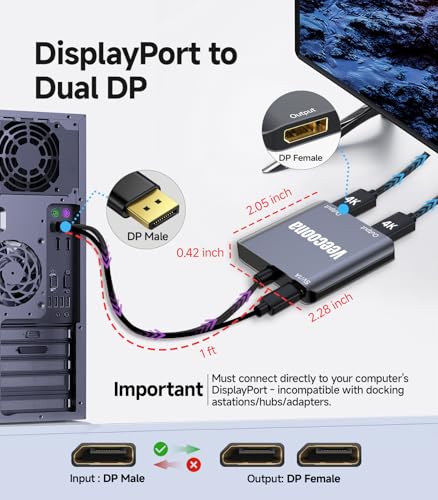 Veecoona DisplayPort to Dual DisplayPort Splitter 1 in 2 Out | 4K60Hz, DP Source to DP Splitter Extended Display port splitter for Dual monitors, for Desktop,NVIDIA, AMD Graphics Card - MACOS Not Support MST - Image 5