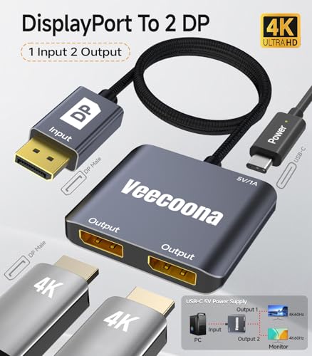 Veecoona DisplayPort to Dual DisplayPort Splitter 1 in 2 Out | 4K60Hz, DP Source to DP Splitter Extended Display port splitter for Dual monitors, for Desktop,NVIDIA, AMD Graphics Card - MACOS Not Support MST - Image 2